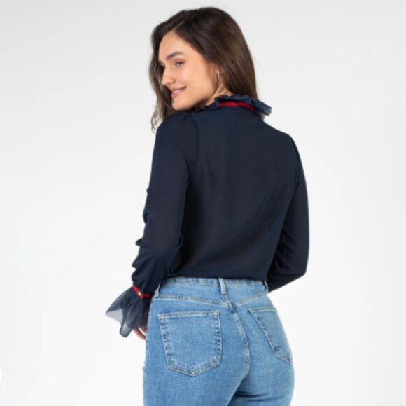 RUFFLE COLLAR & CUFFS FRONT TIE BUTTON DOWN SHEER LONG SLEEVE BLOUSE - Picture 3 of 11